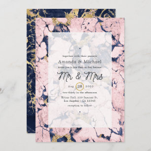 Blush and Navy Marble Wedding Invitation