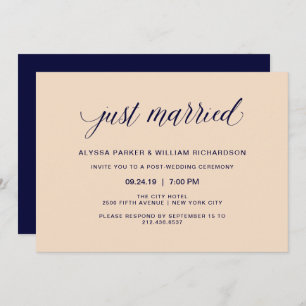 Blush and Navy Typography Just Married Celebration Invitation