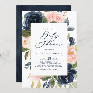 Blush and Navy Watercolor Floral Frame Baby Shower Invitation