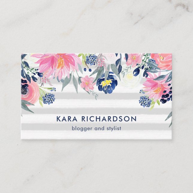 Blush and Navy Watercolor Flowers with Stripes Business Card (Front)