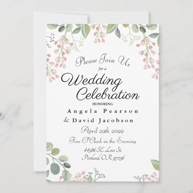Blush and Olive Green Watercolor Eucalyptus  Invitation (Front)