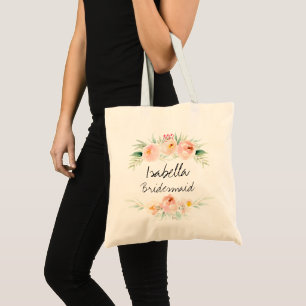 blush and peach pink floral bridesmaid favour tote bag