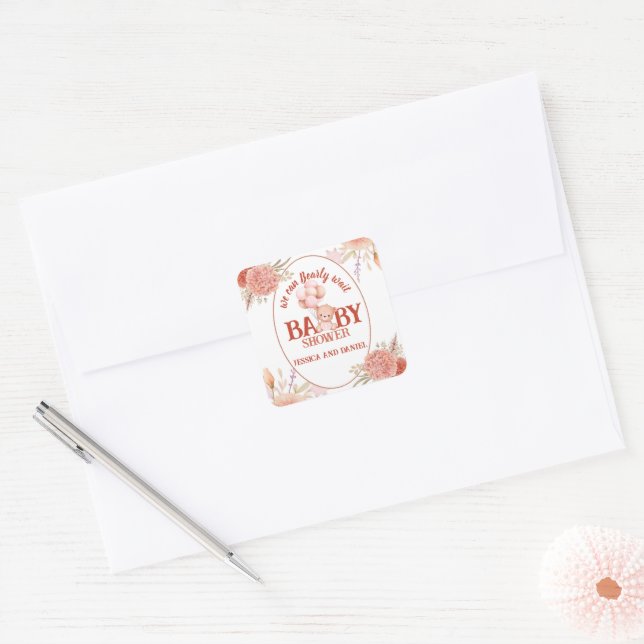 Blush and Pink Bear Baby Shower Square Sticker (Envelope)