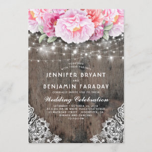 Blush and Pink Floral String Lights Rustic Invitation