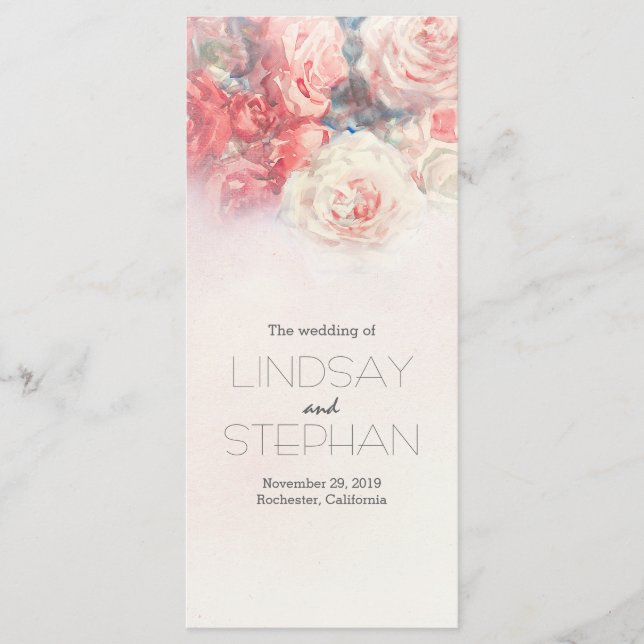 Blush and Pink Roses Watercolor Wedding Program (Front)