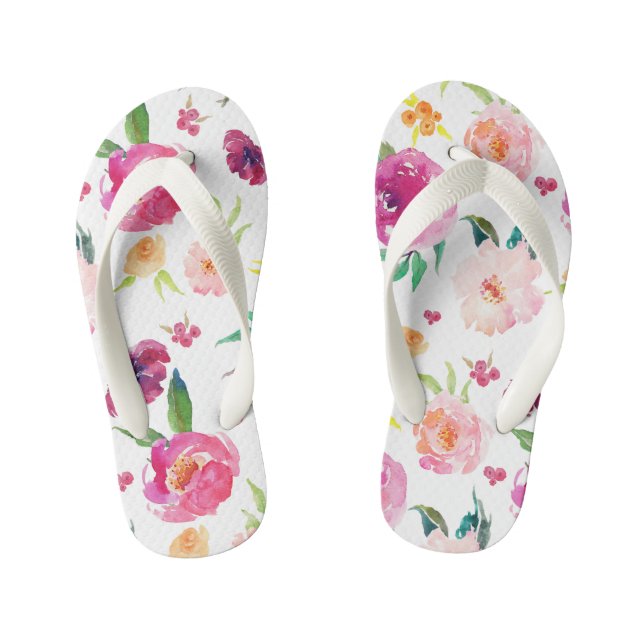 Blush and Pink Watercolor Peonies Pattern Kid's Thongs (Footbed)