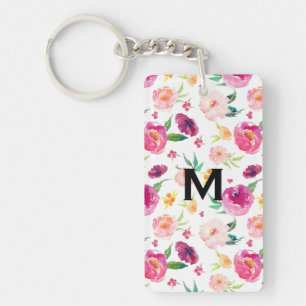 Blush and Pink Watercolor Peonies Pattern Monogram Key Ring