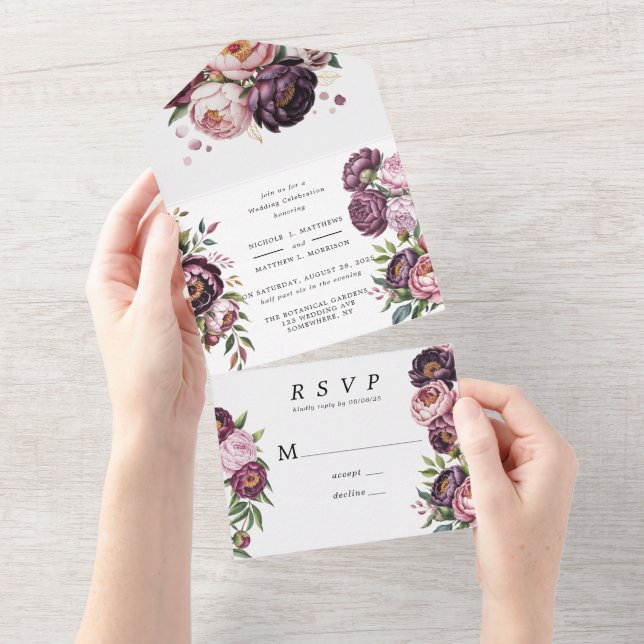 Blush and Plum Peony Floral Wedding Celebration All In One Invitation (Tearaway)