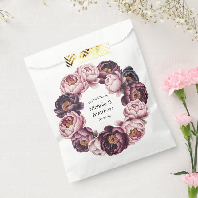 Blush and Plum Peony Wreath Wedding Favour Favour Bag (Sealed)