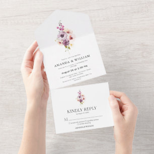 Blush and Plum Watercolor Floral Folded Wedding All In One Invitation