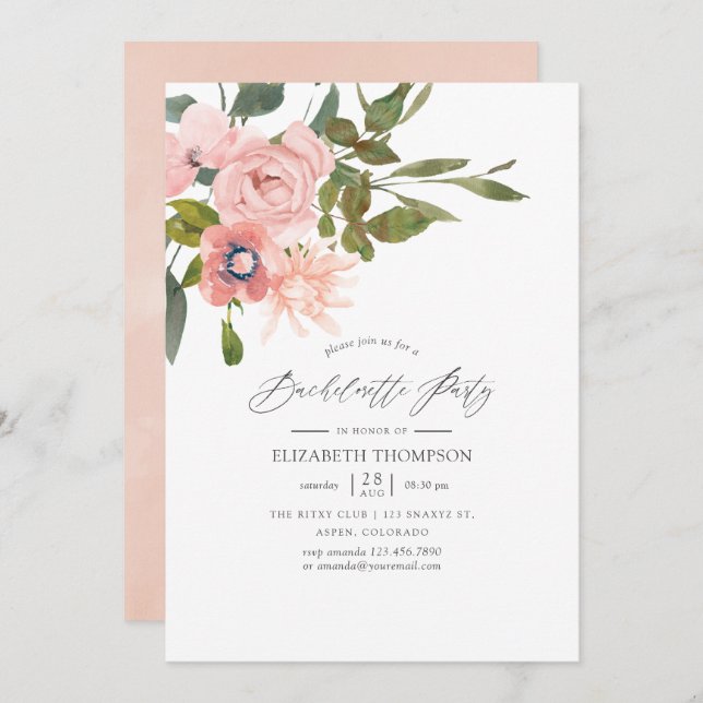 Blush and Rose Gold Floral Bachelorette Party Invitation (Front/Back)
