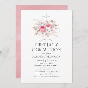 Blush and Rose Gold Floral First Holy Communion Invitation