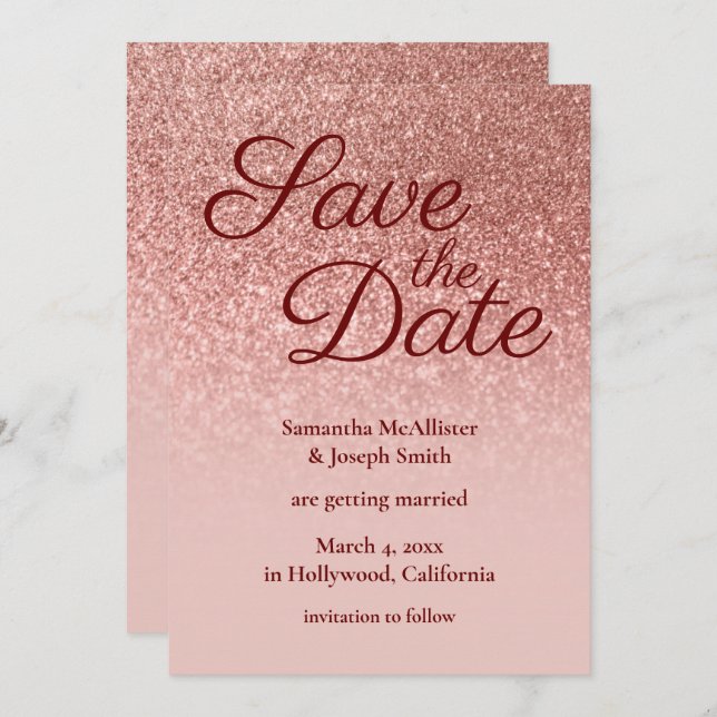 Blush and Rose Gold Ombre Glitter Save the Date Invitation (Front/Back)