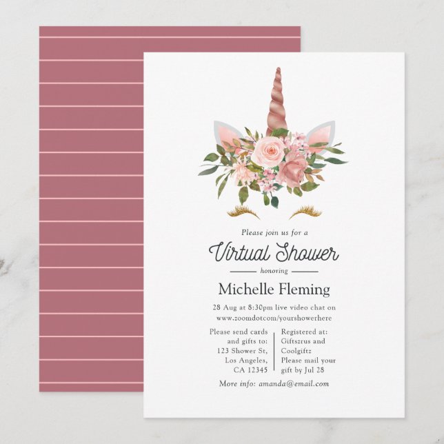 Blush and Rose Gold Unicorn Virtual Baby Shower Invitation (Front/Back)