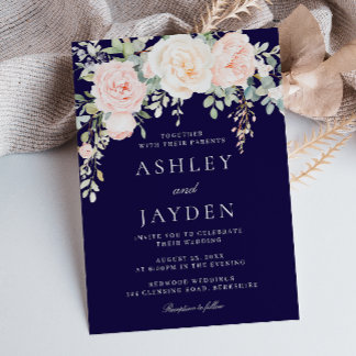Blush and Sage Floral with Navy Wedding Invitation