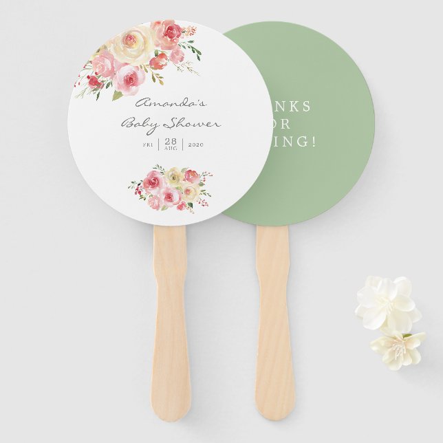 Blush and Sage Green Floral Baby Shower Hand Fan (Front and Back)