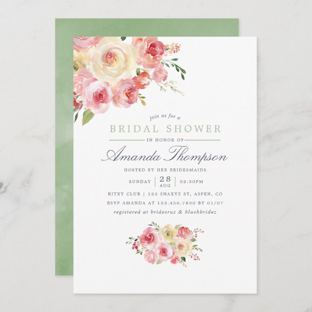 Blush and Sage Green Floral Bridal Shower Invitation (Front/Back)