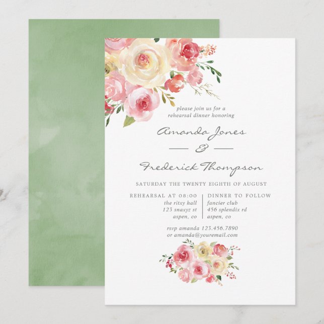 Blush and Sage Green Floral Rehearsal Dinner Invitation (Front/Back)