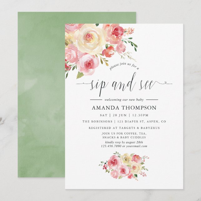 Blush and Sage Green Floral Sip and See Invitation (Front/Back)