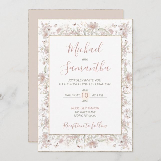 Blush and Sage Wildflower Spring Wedding Invitation (Front/Back)