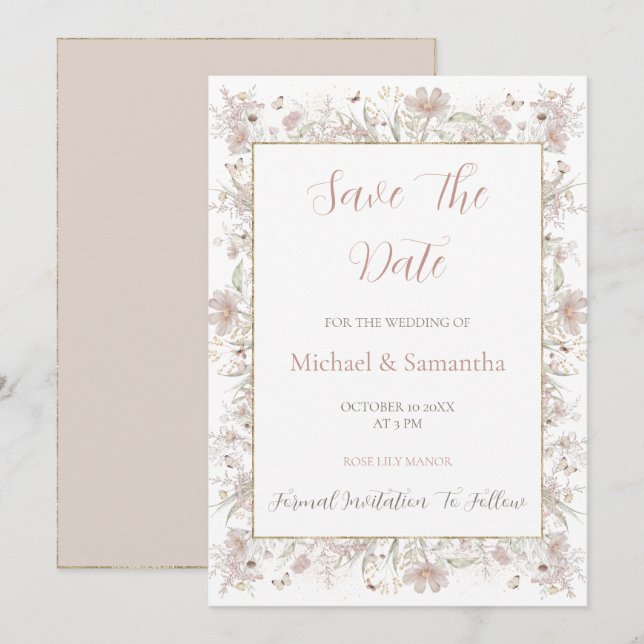 Blush and Sage Wildflower Spring Wedding Save The Date (Front/Back)