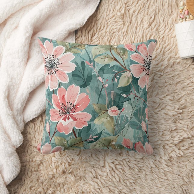 Blush and Teal Vintage Modern Floral Cushion (Blanket)
