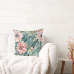 Blush and Teal Vintage Modern Floral Cushion