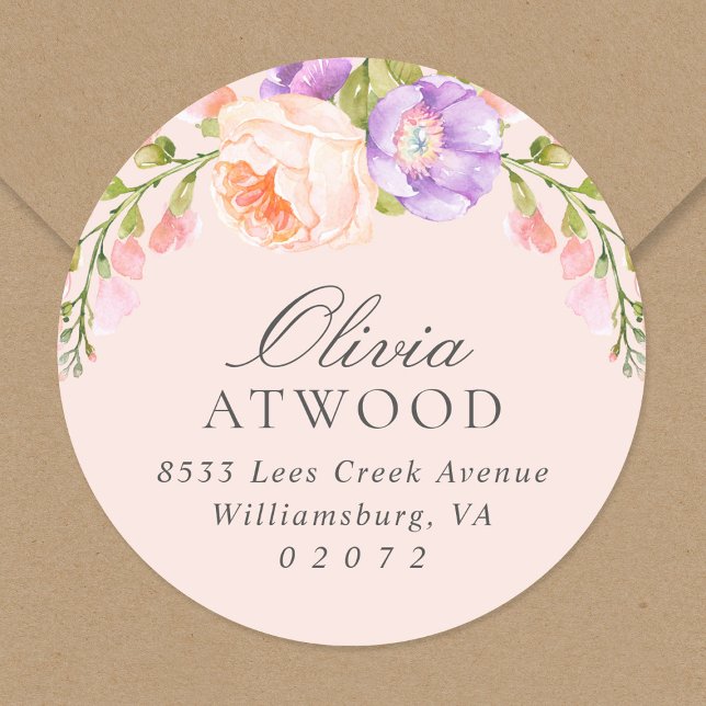 Blush and Violet Bloom Round Return Address Label (Creator Uploaded)