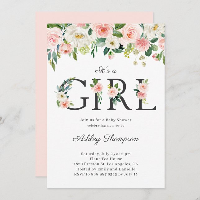 Blush and White Flowers It's a Girl Baby Shower Invitation (Front/Back)
