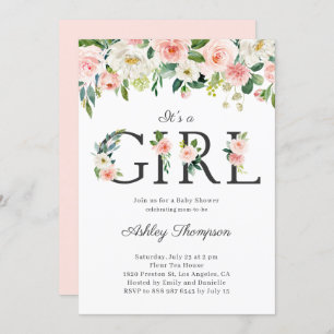 Blush and White Flowers It's a Girl Baby Shower Invitation