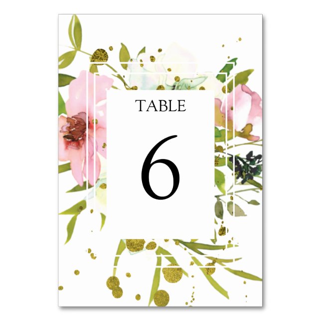 Blush and white gold splashes wedding table number (Front)