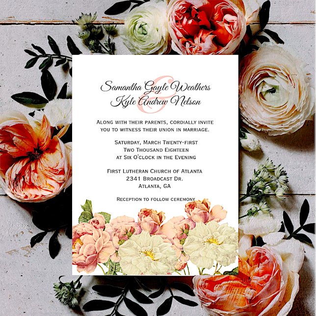Blush and White Old Roses Wedding Invitation (Creator Uploaded)