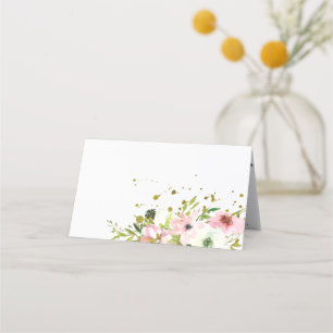 Blush and white roses with gold splashes wedding place card