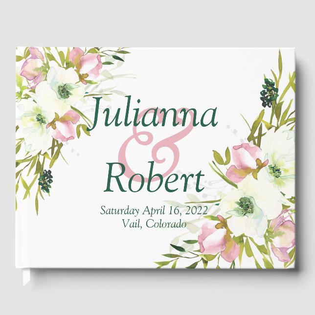 Blush and white watercolor floral wedding   guest  book (Front)