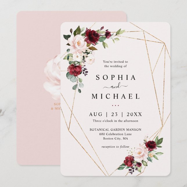 Blush and Wine Floral Gold Geometric Shape Wedding Invitation (Front/Back)