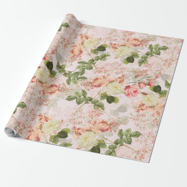 Blush Antique Redouté Roses on pink pattern Wrapping Paper (Unrolled)