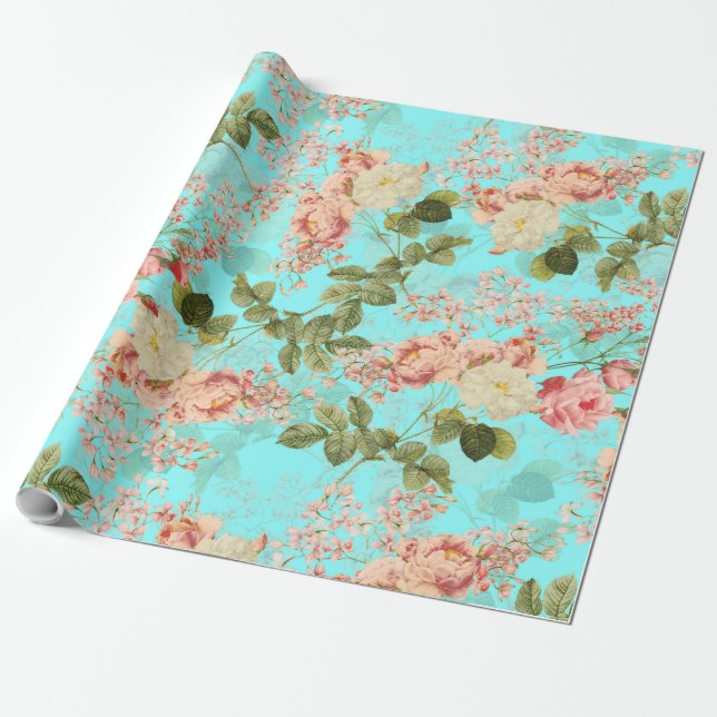 Blush Antique Redouté Roses on teal pattern Wrapping Paper (Unrolled)