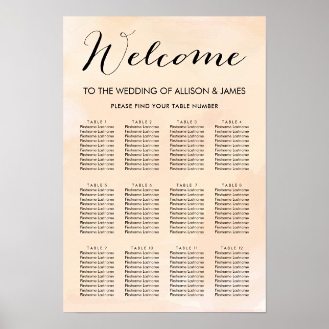 Blush Apricot Watercolor Wedding Seating Chart (Front)