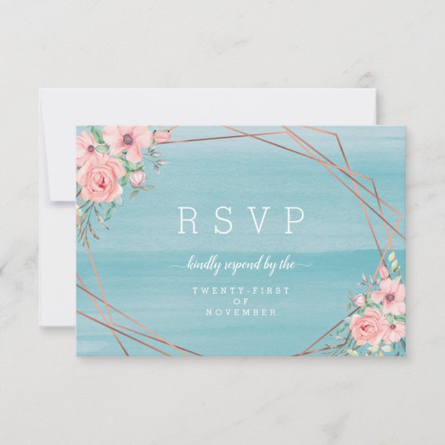 Blush Aqua Beachy Watercolor Floral Wedding RSVP Card (Front)