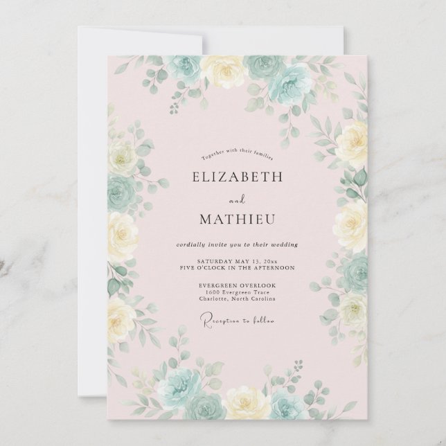 Blush Aqua Peony Wedding Invitation (Front)