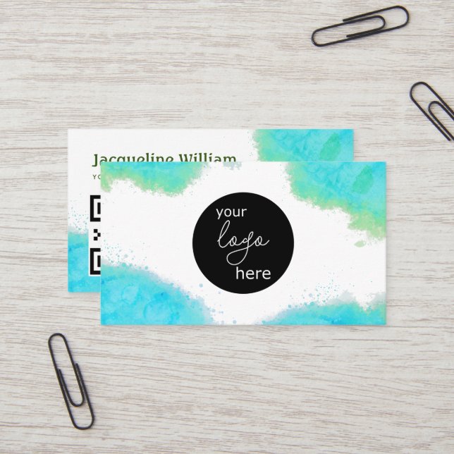 Blush Aqua Watercolor Custom Logo QR Code Business Card (Front/Back In Situ)