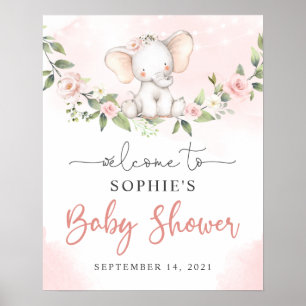 Blush Baby Elephant Girl Baby Shower Welcome Sign