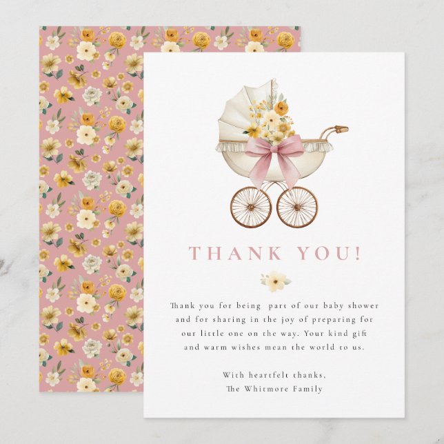 Blush Baby Shower Thank You Card | Vintage Pram (Front/Back)