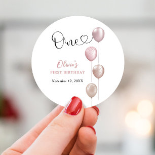 Blush Balloons Girl First Birthday Classic Round Sticker