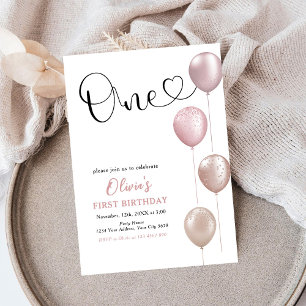 Blush Balloons Girl First Birthday Invitation