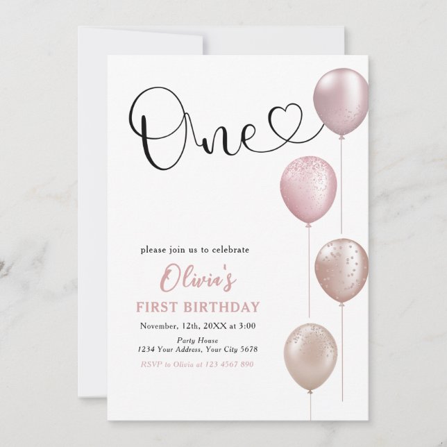 Blush Balloons Girl First Birthday Invitation (Front)