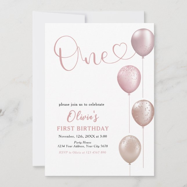 Blush Balloons Girl First Birthday Invitation (Front)