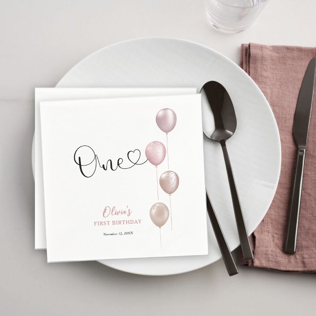 Blush Balloons Girl First Birthday Napkin (Creator Uploaded)