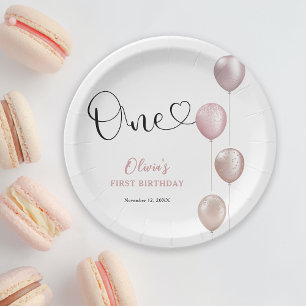 Blush Balloons Girl First Birthday Paper Plate