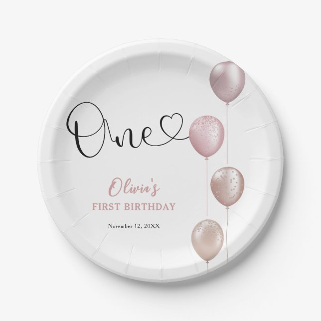 Blush Balloons Girl First Birthday Paper Plate (Front)